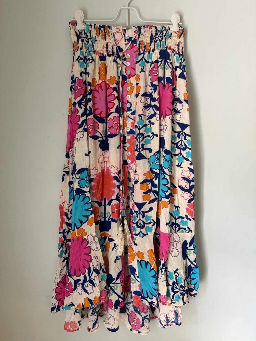 Rachel Roy Boho Floral Maxi Skirt Smocked Waist Button Front Rayon L